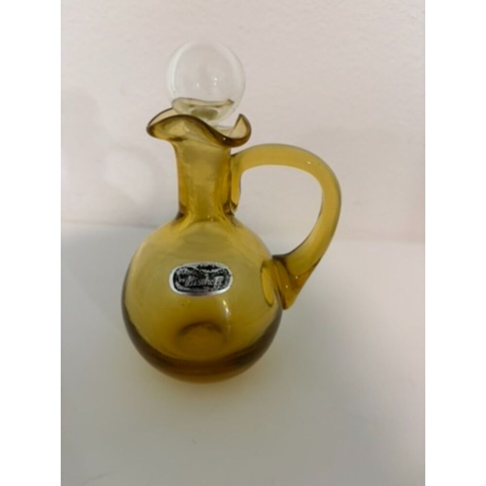 vtg. Amber hand blown art glass cruet with ball stopper by bischoff